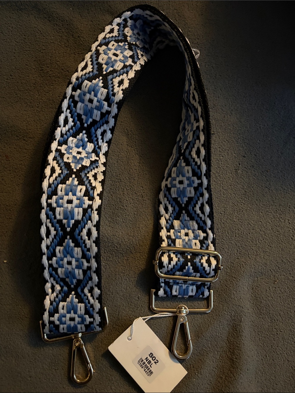 Boden Blue & White Woven Bag Strap with Geometric Pattern